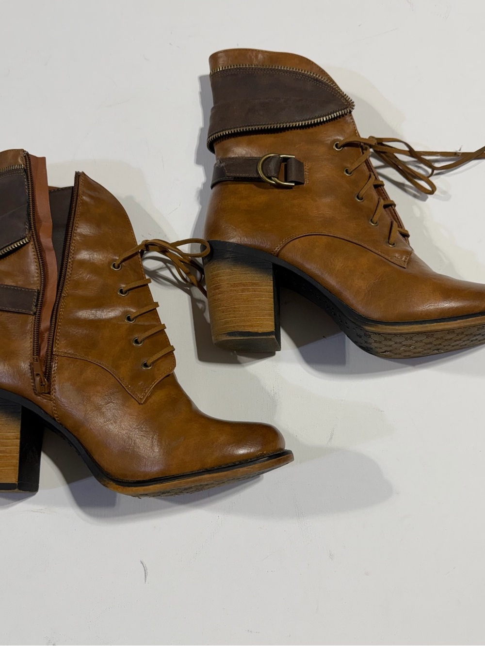 Pierre Dumas Cognac Brown Lace-Up Block Heel Ankle Boots